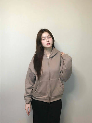 Gold Button Detail Turtleneck Loose Fit Zip-up