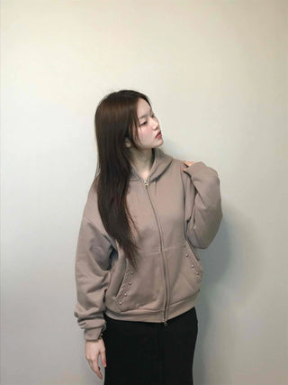 Gold Button Detail Turtleneck Loose Fit Zip-up