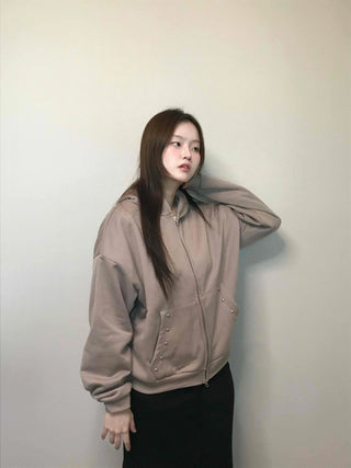 Gold Button Detail Turtleneck Loose Fit Zip-up