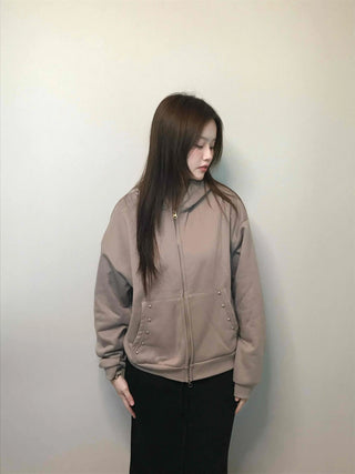 Gold Button Detail Turtleneck Loose Fit Zip-up