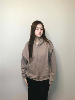 Gold Button Detail Turtleneck Loose Fit Zip-up