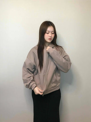 Gold Button Detail Turtleneck Loose Fit Zip-up
