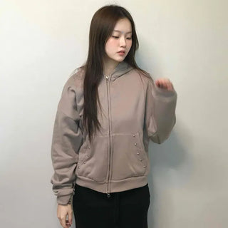 Gold Button Detail Turtleneck Loose Fit Zip-up