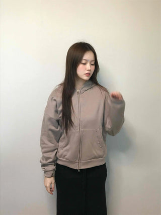 Gold Button Detail Turtleneck Loose Fit Zip-up