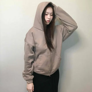 Gold Button Detail Turtleneck Loose Fit Zip-up