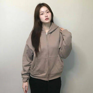 Gold Button Detail Turtleneck Loose Fit Zip-up