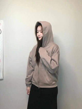 Gold Button Detail Turtleneck Loose Fit Zip-up