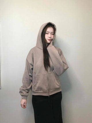 Gold Button Detail Turtleneck Loose Fit Zip-up