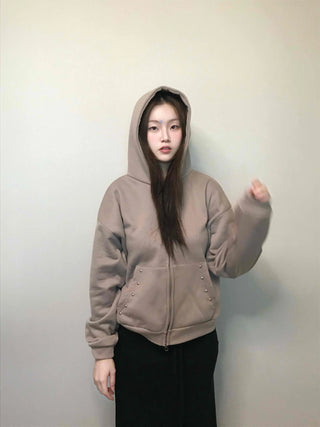 Gold Button Detail Turtleneck Loose Fit Zip-up