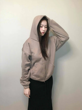 Gold Button Detail Turtleneck Loose Fit Zip-up