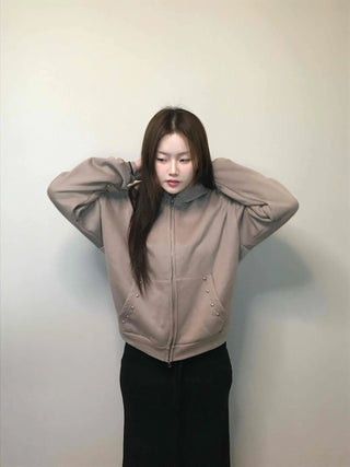 Gold Button Detail Turtleneck Loose Fit Zip-up