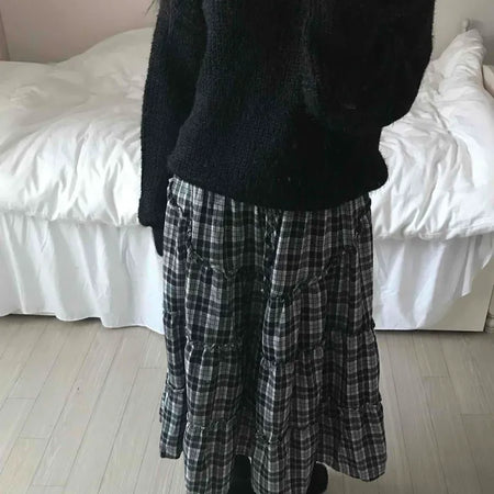 Tail Slit Waistband Check Flare Long Skirt
