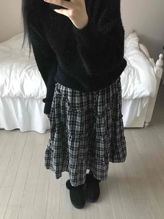 Tail Slit Waistband Check Flare Long Skirt
