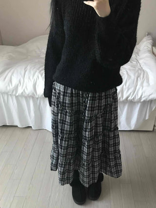 Tail Slit Waistband Check Flare Long Skirt