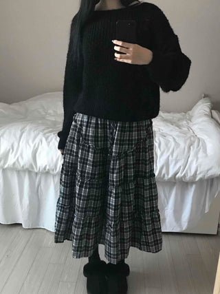 Tail Slit Waistband Check Flare Long Skirt