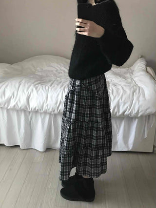 Tail Slit Waistband Check Flare Long Skirt