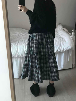 Tail Slit Waistband Check Flare Long Skirt
