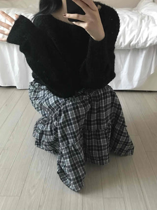 Tail Slit Waistband Check Flare Long Skirt