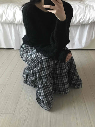 Tail Slit Waistband Check Flare Long Skirt