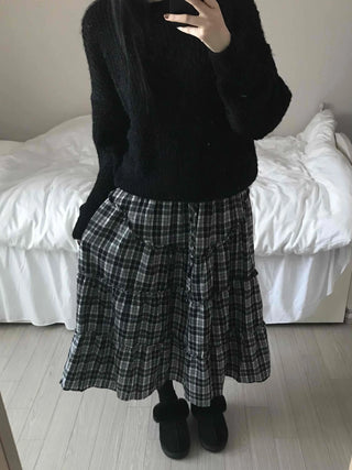Tail Slit Waistband Check Flare Long Skirt