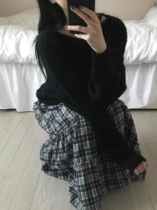 Tail Slit Waistband Check Flare Long Skirt