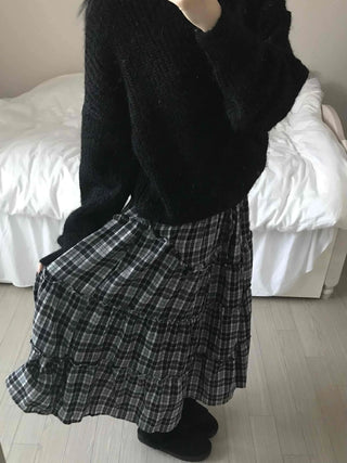 Tail Slit Waistband Check Flare Long Skirt