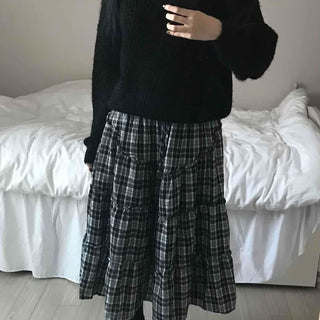 Tail Slit Waistband Check Flare Long Skirt