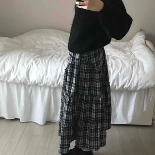Tail Slit Waistband Check Flare Long Skirt