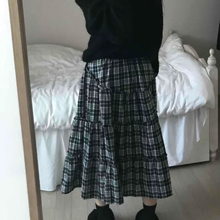 Tail Slit Waistband Check Flare Long Skirt