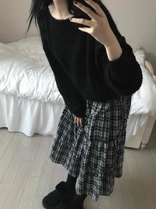 Tail Slit Waistband Check Flare Long Skirt