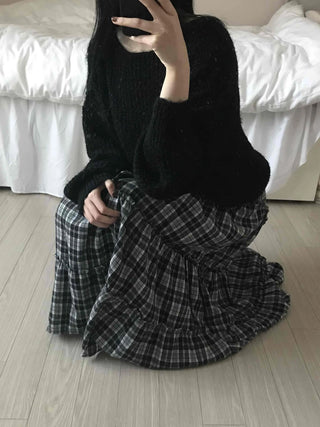 Tail Slit Waistband Check Flare Long Skirt