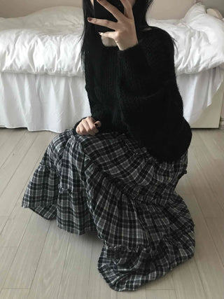 Tail Slit Waistband Check Flare Long Skirt