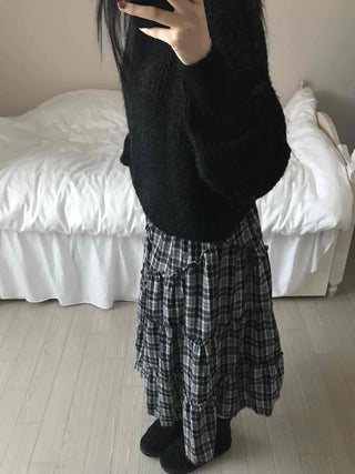 Tail Slit Waistband Check Flare Long Skirt