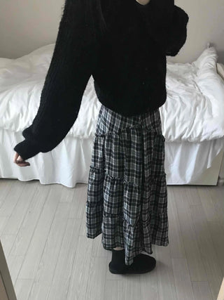 Tail Slit Waistband Check Flare Long Skirt
