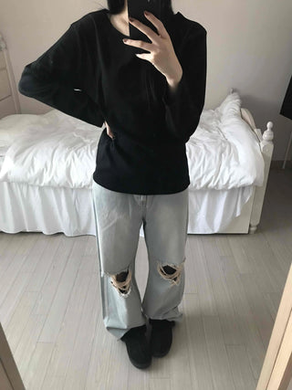 Velvet Texture Square Neck Balloon Sleeve Long Sleeve T-shirt