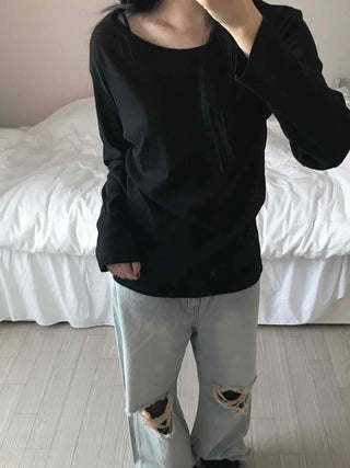 Velvet Texture Square Neck Balloon Sleeve Long Sleeve T-shirt