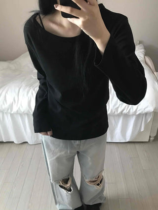 Velvet Texture Square Neck Balloon Sleeve Long Sleeve T-shirt