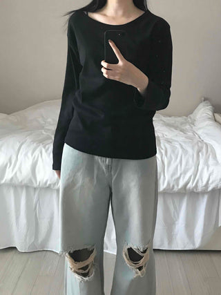 Velvet Texture Square Neck Balloon Sleeve Long Sleeve T-shirt