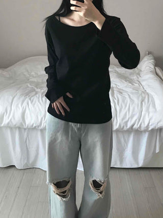 Velvet Texture Square Neck Balloon Sleeve Long Sleeve T-shirt