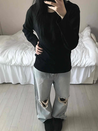 Velvet Texture Square Neck Balloon Sleeve Long Sleeve T-shirt