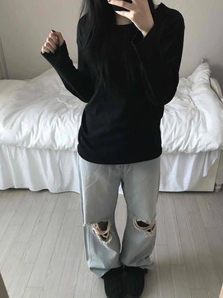 Velvet Texture Square Neck Balloon Sleeve Long Sleeve T-shirt