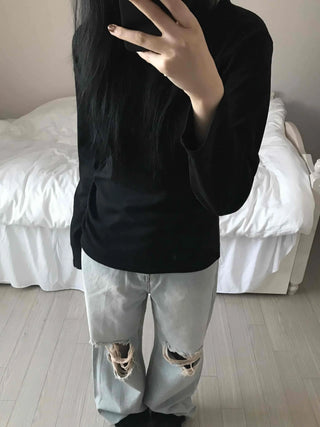Velvet Texture Square Neck Balloon Sleeve Long Sleeve T-shirt