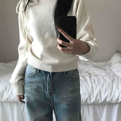 Puff See-through Shoulder Ribbon Detail Crop Knit