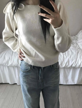 Puff See-through Shoulder Ribbon Detail Crop Knit