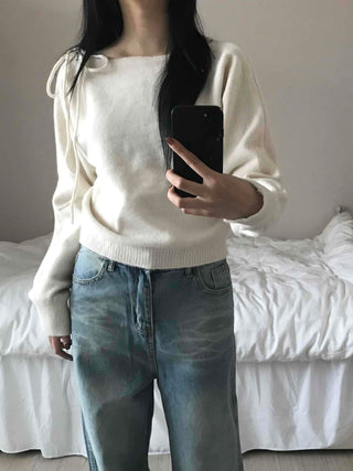 Puff See-through Shoulder Ribbon Detail Crop Knit