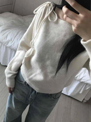 Puff See-through Shoulder Ribbon Detail Crop Knit