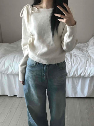 Puff See-through Shoulder Ribbon Detail Crop Knit