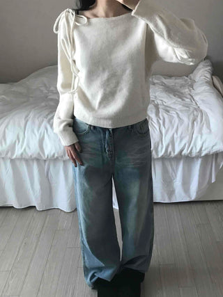 Puff See-through Shoulder Ribbon Detail Crop Knit