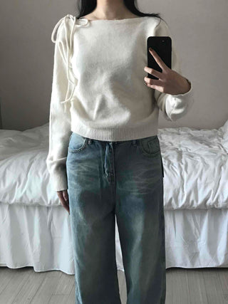 Puff See-through Shoulder Ribbon Detail Crop Knit