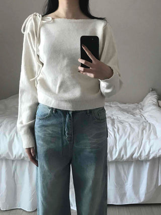 Puff See-through Shoulder Ribbon Detail Crop Knit